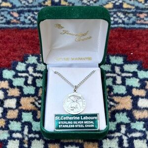 St. Catherine Laboure Sterling Silver Round Religious Medal Necklace 18” Chain